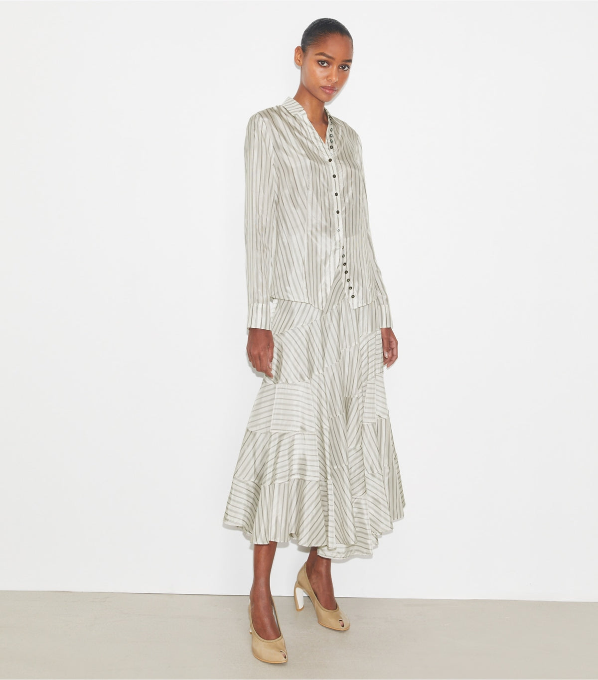Asymmetrical Viscose Skirt - White/Gray/Black Helios Striped Lining | Tory Burch Exclusive