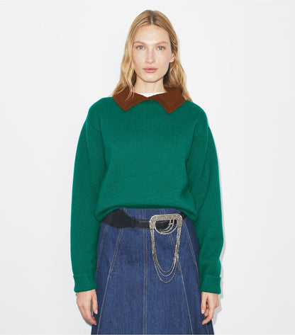 Wool Sweater - Emerald  / Dark Cranberry | Tory Burch Quality