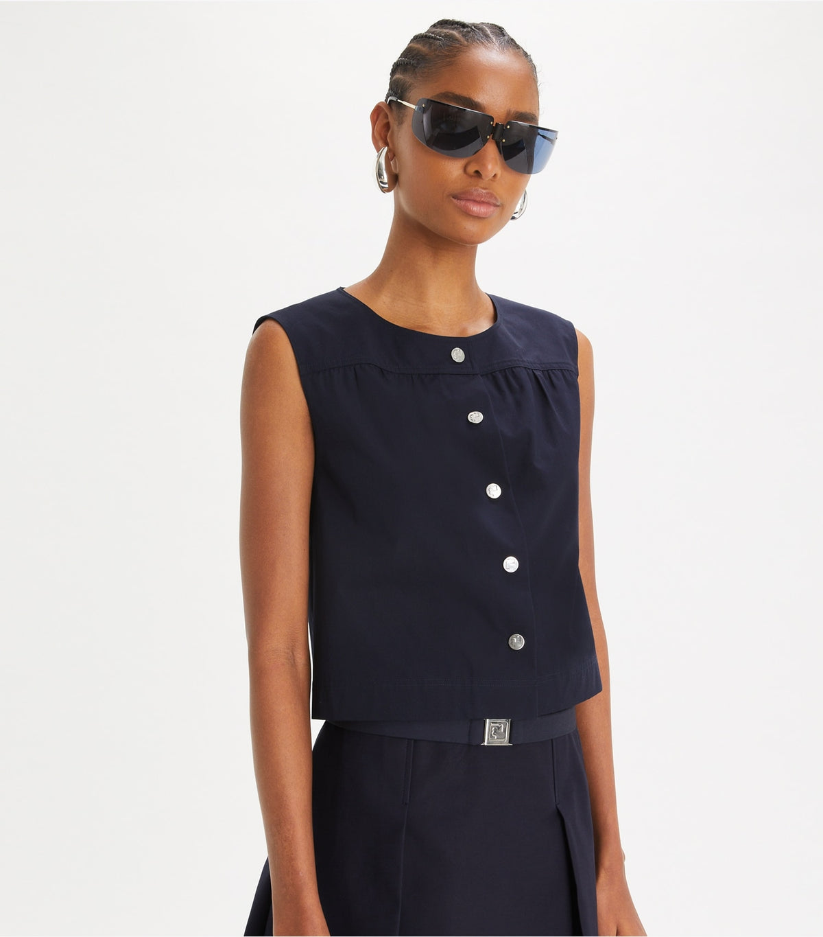 Cotton Poplin Button Top - Medium Navy | Tory Burch Best Price
