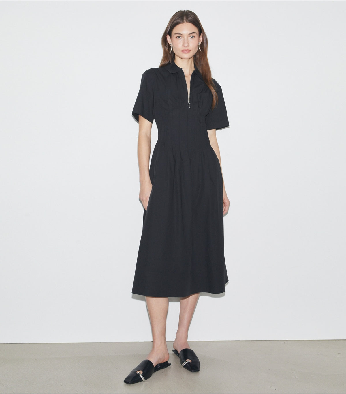 Poplin Pleat-Waist Dress - Black | Tory Burch Exclusive