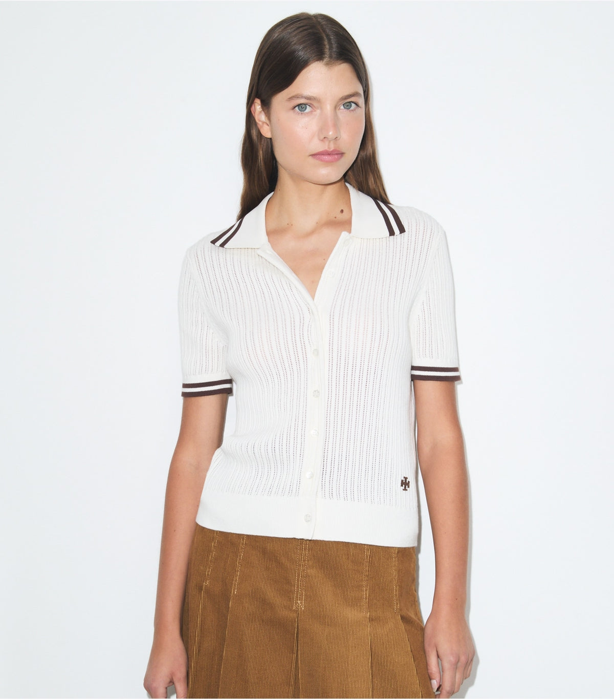 Pointelle Cotton Cardigan - New Ivory / 70'S Botanical Brown | Tory Burch Top Pick