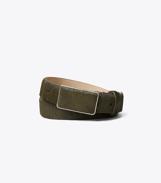 Plate Calf Hair Belt - Dark Olive / Silver | Tory Burch Exclusive