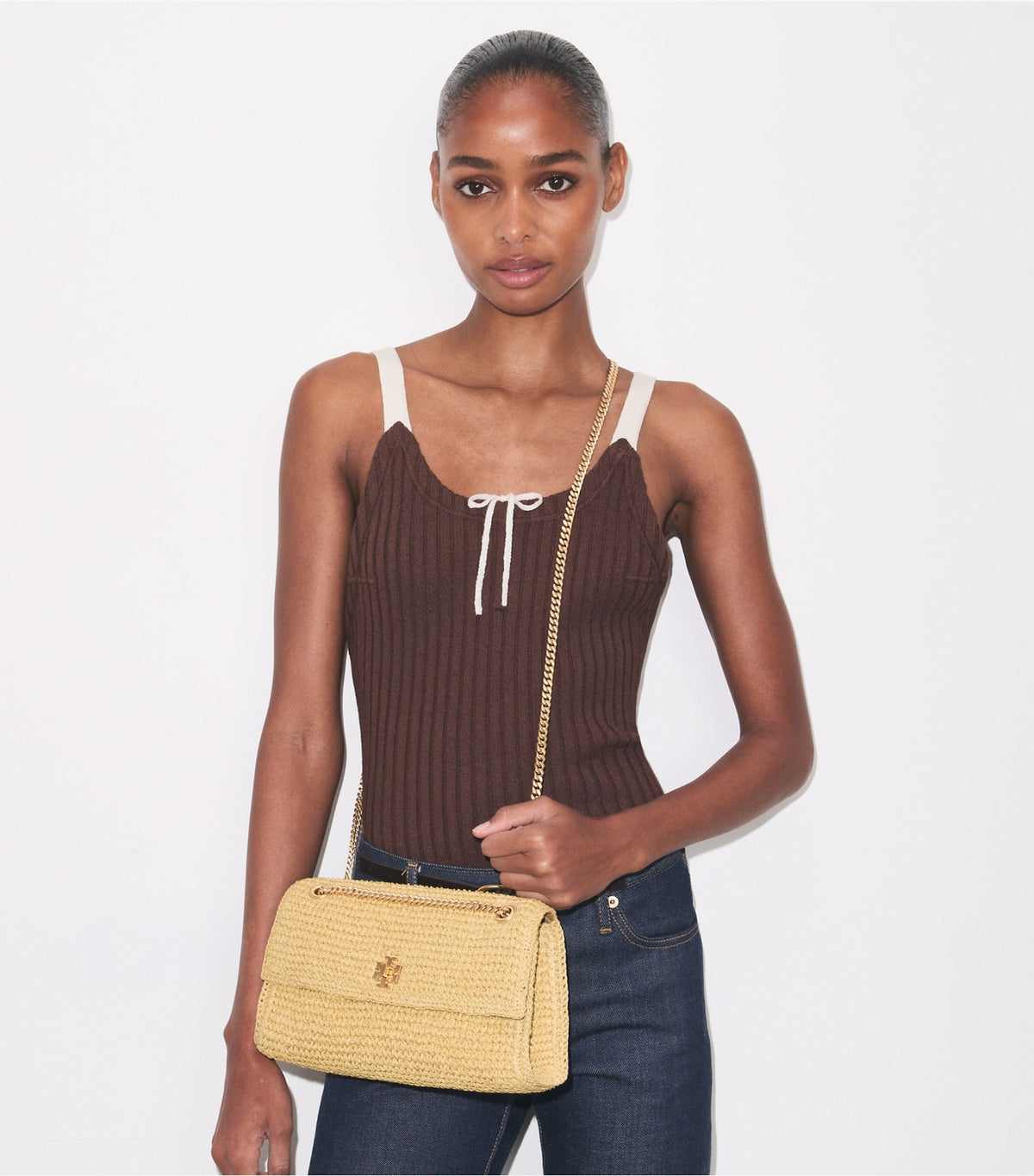 Kira Turnlock Woven Shoulder Bag - Natural | Tory Burch Deals