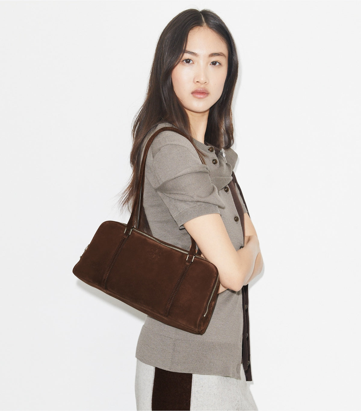 Small Marshmallow Suede Satchel - Dark Cocoa | Tory Burch Great Value