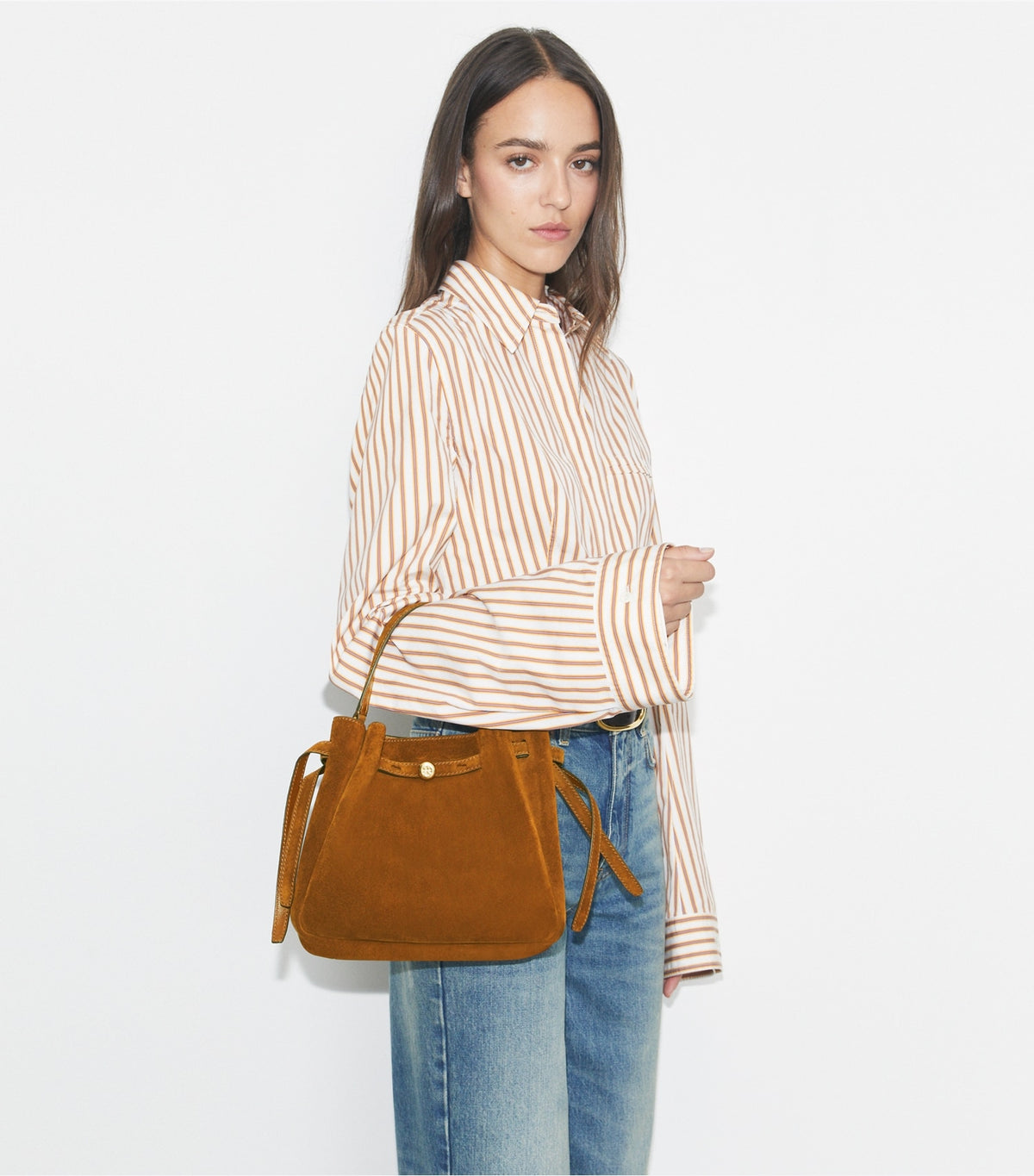 Romy Suede Bucket Bag - Caramel | Tory Burch Trusted