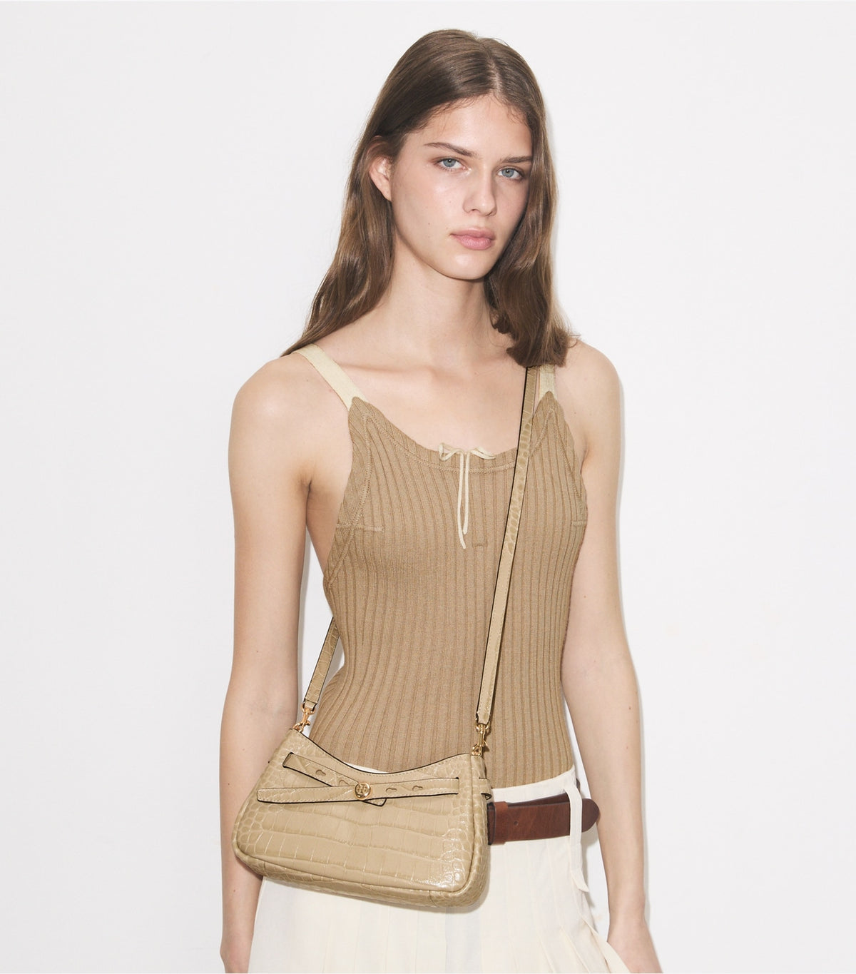Romy Croc-Embossed Zip Top Crossbody Bag - Light Hickory | Tory Burch Quality