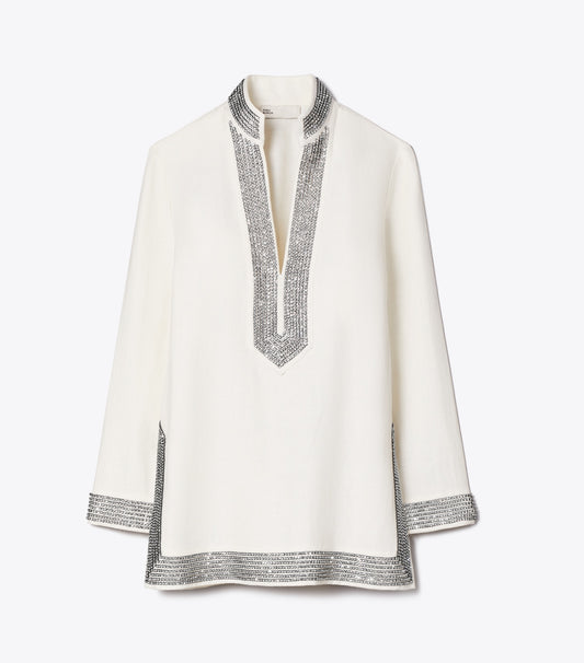 Embellished Linen Tunic - New Ivory | Tory Burch Deals
