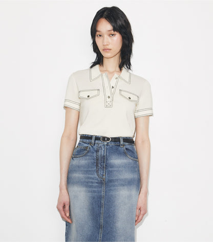 Topstitch Wool Polo - New Ivory | Tory Burch Quality