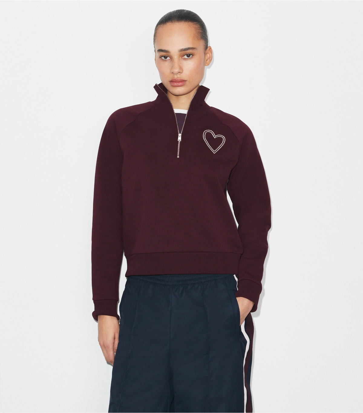 Pick Stitch Heart French Terry Sweatshirt - Dark Merlot | Tory Burch Quality