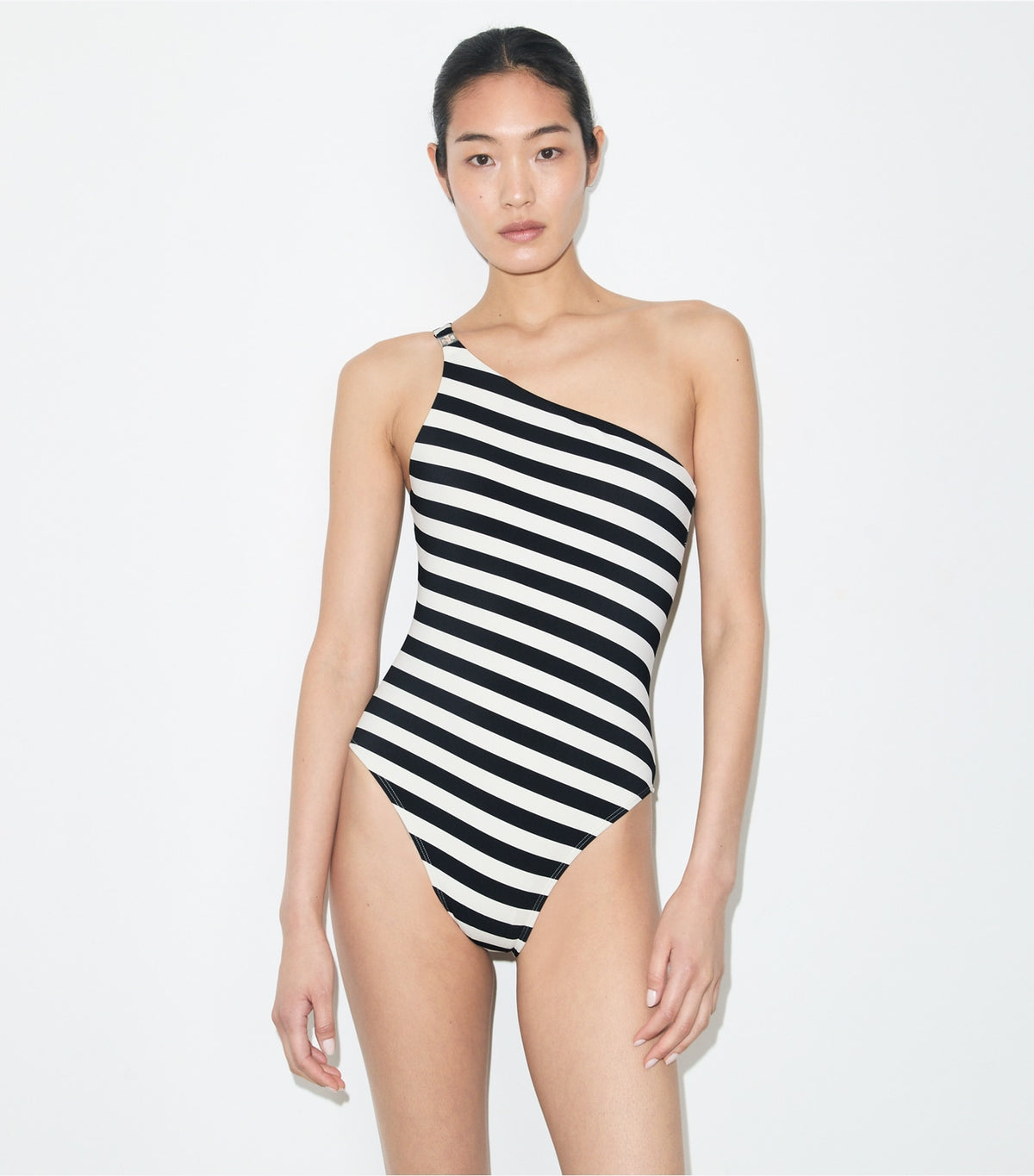 One Shoulder Striped Swimsuit - Black / Ivory | Tory Burch Trending