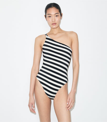 One Shoulder Striped Swimsuit - Black / Ivory | Tory Burch Trending