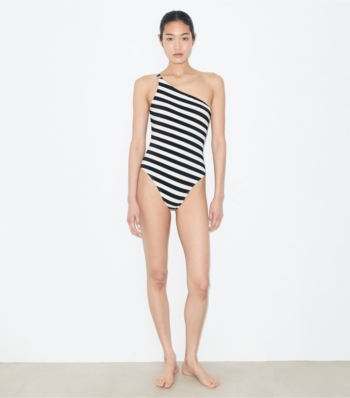 One Shoulder Striped Swimsuit - Black / Ivory | Tory Burch Trending