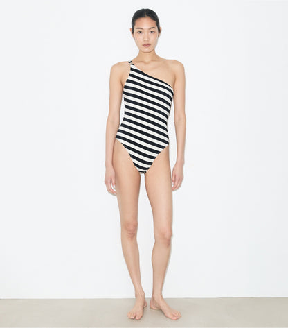One Shoulder Striped Swimsuit - Black / Ivory | Tory Burch Trending