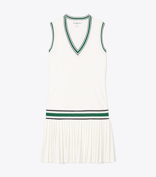Performance Jersey V-Neck Tennis Dress - Snow White / Evergreen | Tory Burch Signature