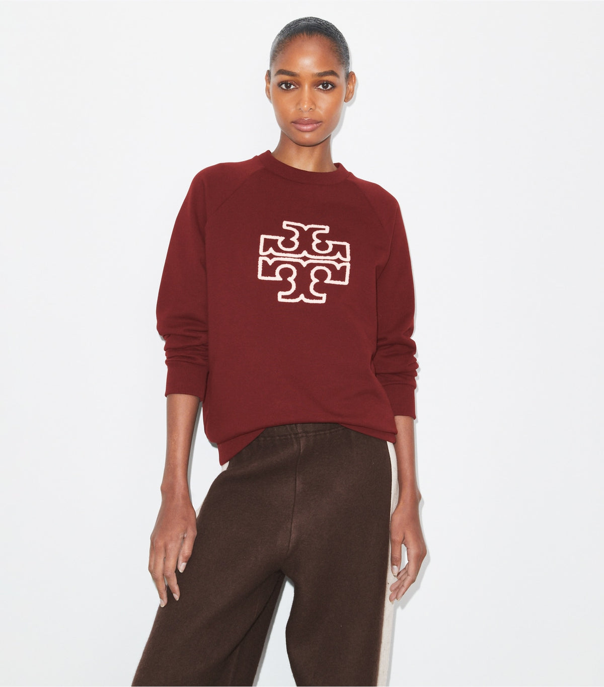 Heavy French Terry Logo Crewneck - Dark Sangria | Tory Burch Featured