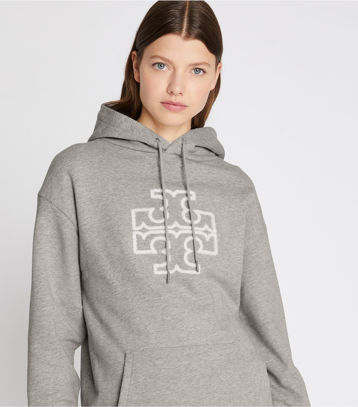 Heavy French Terry Logo Hoodie - Medium Grey Heather | Tory Burch Essential